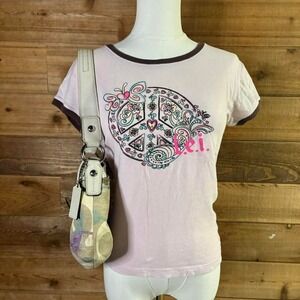 Y2K Women's Lei Pink peace sign baby tee with rhinestone accents